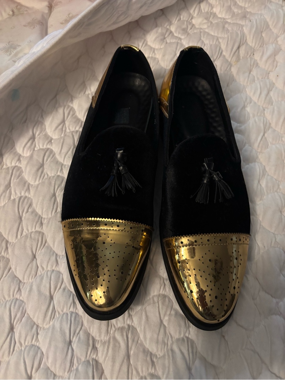 Men's Black Velvet Tassel Loafers with Metallic Gold Cap Toe